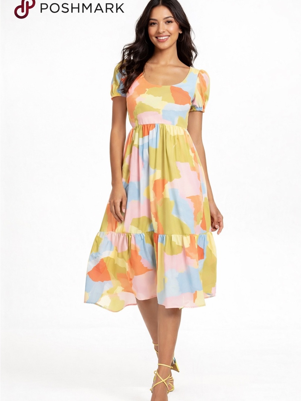 Donna Morgan Vibrant Abstract Puff-Sleeve Midi Dress Lined with Pockets